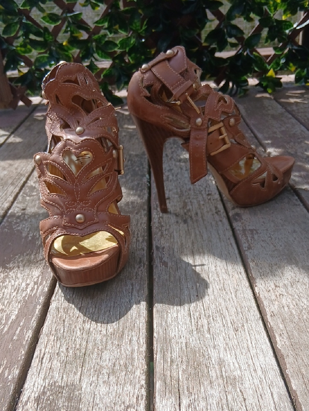 Guess by Marciano Brown Laser-Cut High Heel Sandals